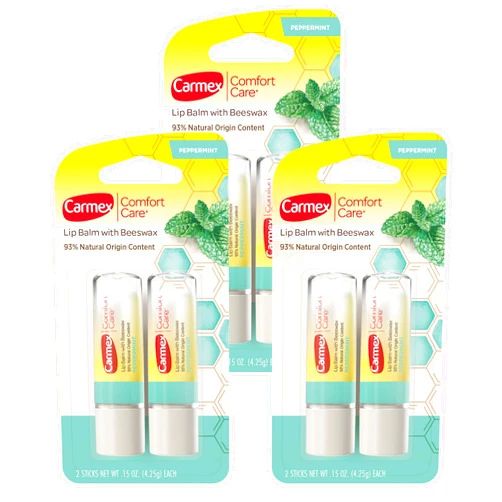 Carmex Comfort Care Lip Balm Sticks with Beeswax, Peppermint Lip Balm Flavor, 6 Count (3 Packs of 2)
