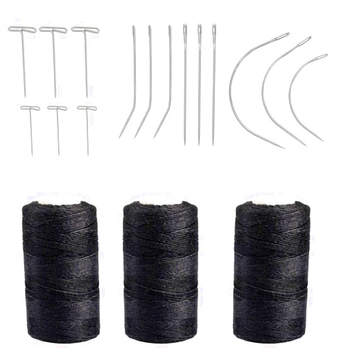 Kyzistn Needle and Thread for Hair Extensions 3 Rolls Hair Weave Sewing Threads with 21Pcs C J I Shape Curved Upholstery Needles for Hand Sewing, Hair Extensions (27Pcs）