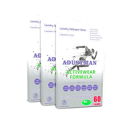 ADUSTMAN Active Wear Laundry Detergent Sheets Fresh Breeze 180 load 3 Pack Liquid-less Tech Earth-friendly