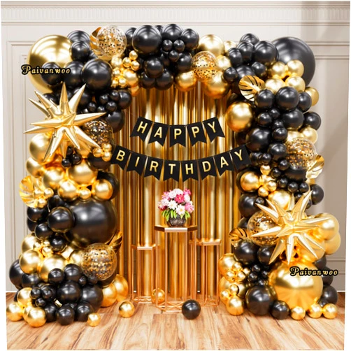 Paivanwoo 141Pcs Black and Gold Balloon Arch Kit with Happy Birthday Banner for Black and Gold Party Decorations, Graduation, Retirement, Masquerade Party Supplies