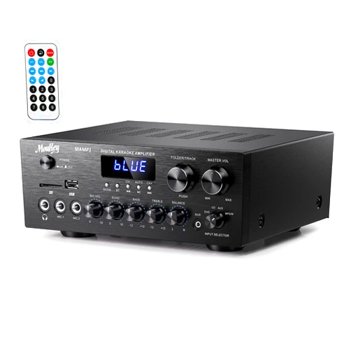 Moukey Home Audio Amplifier Stereo Receivers with Bluetooth 5.0, 400W 2.0 Channel Power Amplifier Stereo System w/USB, SD, AUX, RCA, MIC in w/Echo, LED for Karaoke, Home Theater Speakers - MAMP1