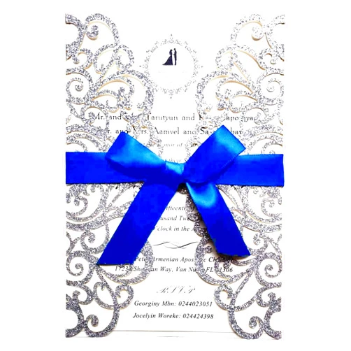 FLZOPYNE 50PCS Blank Silver Glitter Wedding Invitation Kits 5x7.3 Inch Laser Cut Hollow Floral Invitations Cards with Envelopes For Wedding Quincenera Invite