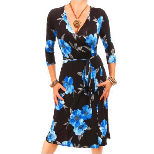 Blue Banana Women's Knee Length 3/4 Sleeve Printed Wrap Dress