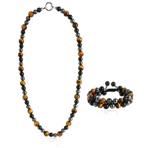 AEQBBQRE Men Tiger Eye Beaded Necklace Bracelet Triple Protection Jewelry Sets Hematite Black Obsidian Healing Crystal Stone Chakra Necklace