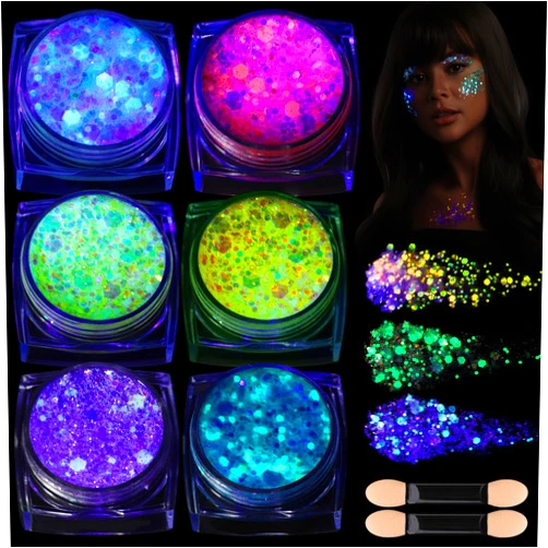 Teenitor 6 Colors Glow in The Dark Glitter Gel, Face Glitter Gel, Body Glitter Hair Glitter for Carnival Makeup UV Black Light Party Cheer Raves Festivals