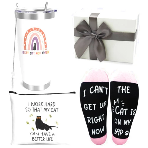 UAREHIBY Cat Mom Gifts for Women,20 OZ Wine Tumbler Gifts for Cat Lovers,Crazy Cat Lady Gifts with Cosmetic Bag,Funny Cat Themed Things with Socks Birthday Gifts for Women,Friend,Cat Stuff