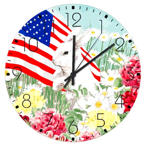 Autravelco Wooden Wall Clock Non-Ticking Sweep Movement Fourth of July Patriotic USA American Flag Modern Wall Clocks Cute Rabbit Bunny Wooden Wall Decor for Girls Room Patio Exercise Room 10 Inch