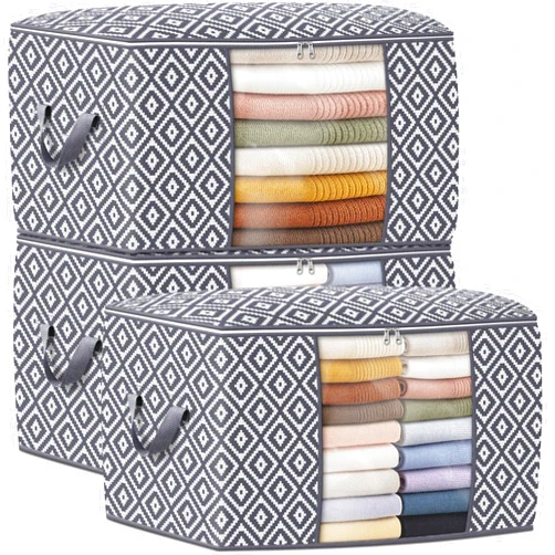 StorageTastic Direct 100L Storage Containers, Large Clothes Storage Bins Foldable Organization and Storage Bags with Reinforced Handle, Clear Window for Bedding, Blankets, Clothing, 3 Pack, Grey