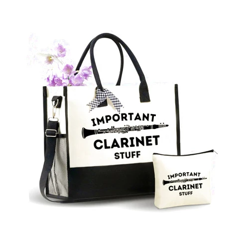 InnoBeta Clarinet Gifts for Women, Gifts for Clarinet Players, Clarinetist Canvas Tote Bag for Girls Mom Grandma, Bag with Top Zipper Closure and Shoulder Strap for Christmas, Birthday