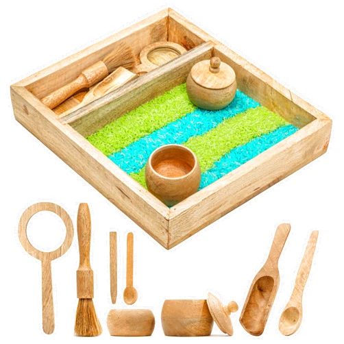 KOOKAROO Sensory Play Bin - 9 Montessori Sensory Bin Tools + 1 Sensory Box - Sensory Table Toys - Waldorf Toys - Sand Tray - Wooden Scoops for Toddlers 3-4