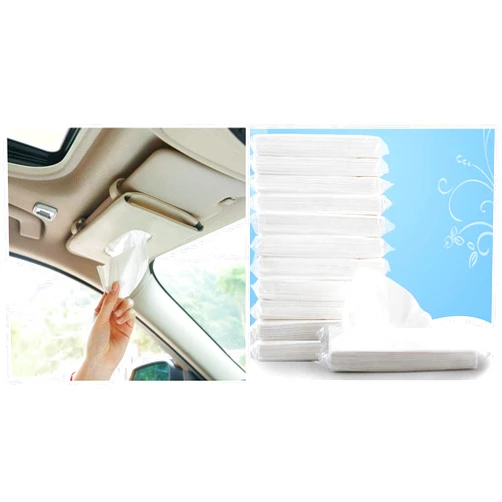 Carstuus 12 Packs Car Tissue Refill, Disposable Facial Tissues, Disposable Face Towel, And 2 Beige Car Visor Tissue Holder, Car Tissue Box for Auto