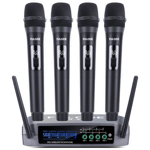 FULODE UR-408 4 Channel Professional Wireless Microphone System with Cordless 4 Handheld Mics, Ideal for Home Party Singing Karaoke Meeting Church Event TV Speaker