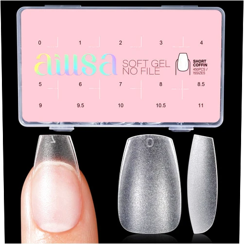 AILLSA Short Coffin Nail Tips 450PCS Full cover Double-sided Matte Gel Nail Tips Stronger Nail Tips Adhesion Pre-Shaped Press on Nail Tips for Home DIY Nails Tips Salon 15 Sizes