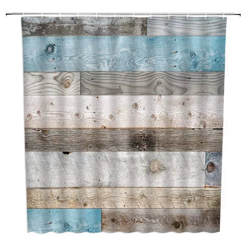 Derhong-US Rustic Wooden Shower Curtain Blue Teal Vintage Barn Door Country Western Farmhouse Decor,Wood6 Fabric Bathroom Set Hooks Included