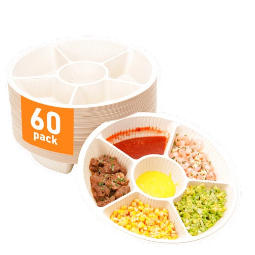 LUVCOSY 60 Pcs Disposable Divided Plates with 6 Deep Compartments, 12 Inch Large Disposable Sectional Plates, Biodegradable Cornstarch Divided Serving Tray for Party - Microwave Safe