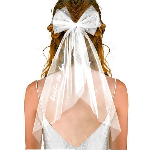 Woosir Bride to Be Embroidered Hair Bow Veil Bachelorette Party Decoration Bridal Shower Supply Tulle Pearl 2 Tier Bow Bridal Veil Engagement Accessory Bride Gift Velos De Novia(Style-A)