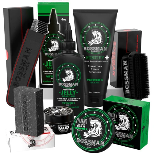 Bossman Big Boss Beard Care Kit for Men - 7 Piece Beard Grooming Kit with Jelly Beard Oil, Beard Conditioner, Beard Balm, MUDstache Wax, Bar Soap, Metal Comb, Brush - Mustache Kit (Vetiver X)