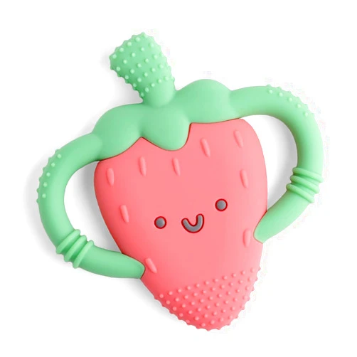 Itzy Ritzy Strawberry-Shaped Baby Teether with Handles; Silicone Teether for Babies with Easy-Grab Handles and Textured, Teethable Surfaces - Baby Teething Toy for 3 Months & Up (Strawberry)