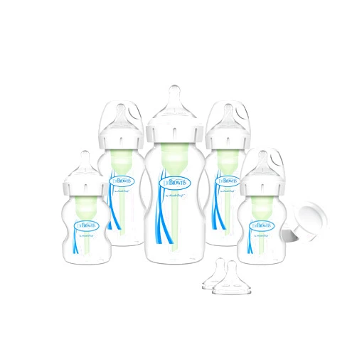 Dr. Brown's Natural Flow Anti-Colic Options+ Wide-Neck Baby Bottle Newborn Feeding Set with Baby Bottle Travel Caps