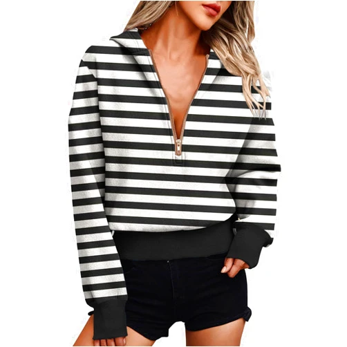 MXTPOV Womens Zip Up Hoodies Oversized Sweatshirts Color Block Striped Drop Shoulder Pullover Tops Fashion Outfits 2024