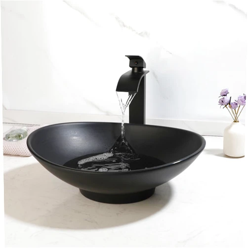 Washly Bathroom Vessel Sink Oval Black With Faucet And Drain Combo Above Counter Washing Bowl Waterfall Faucet Mixer Brass Tap Set