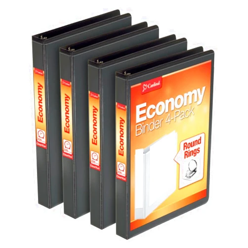 Cardinal Economy 3 Ring Binder, 1 Inch, Presentation View, Black, Holds 225 Sheets, Nonstick, PVC Free, 4 Pack of Binders (79512)