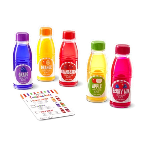 Melissa & Doug Tip & Sip Toy Juice Bottles and Activity Card (6 Pcs) Pretend Play Food Set, Play Kitchen Food For Ages 3+