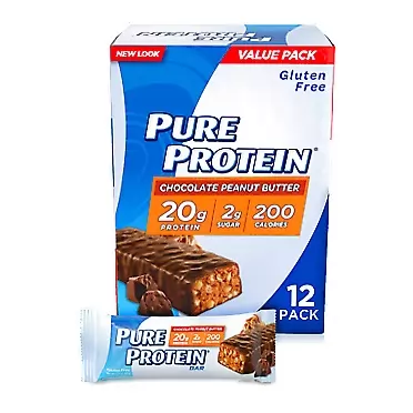 Pure Protein Bars, High Protein, Nutritious Snacks to Support Energy, Low Sugar, Gluten Free, Chocolate Peanut Butter, 1.76 Ounce, 12 Pack