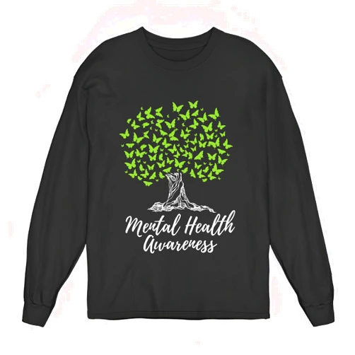 Handmade Mental Health Awareness Gift Butterfly Tree Design for Everyone Black and Muticolor Unisex Long Sleeve T Shirt