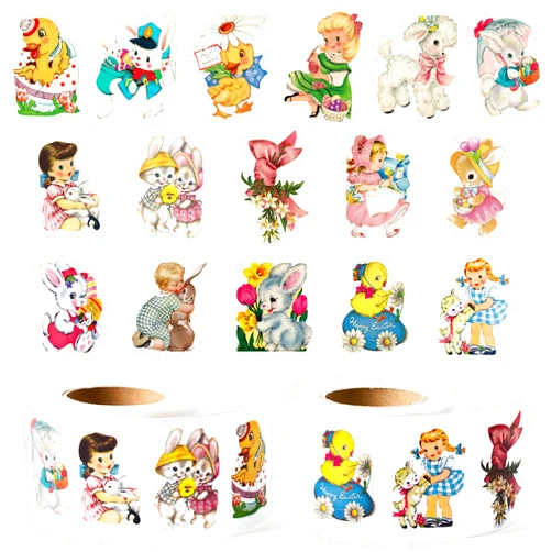 W1cwey 1000pcs Easter Vintage Sticker Rolls (2 Rolls), Irregular-Shaped 16 Designs Cartoon Cute Easter Bunny Chicks Stickers Self-Adhesive Decal Novelty Easter Party Supplies for Kids
