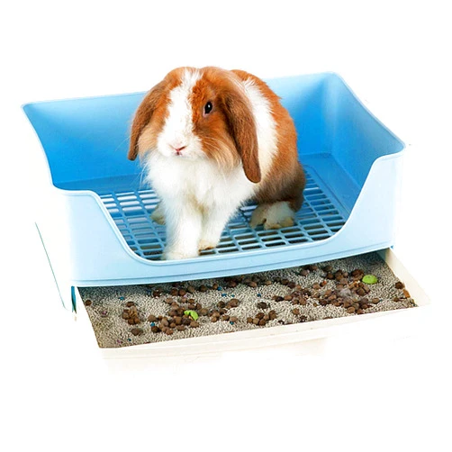 RUBYHOME Oversize Rabbit Litter Box with Drawer, Corner Toilet Box with Grate Potty Trainer, Bigger Pet Pan for Adult Guinea Pigs, Chinchilla, Ferret, Galesaur, Small Animals, 16.9 inch Long (Blue)