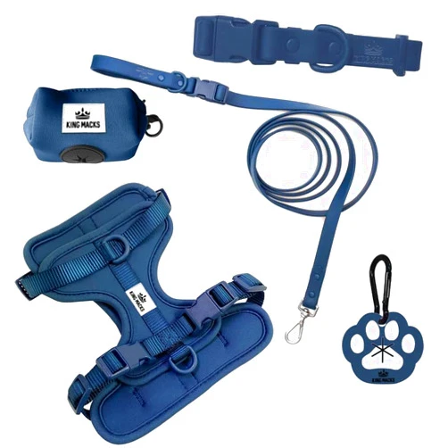 King Macks Inc. King Macks Dog Harness Set with Collar and Leash, Waste Bag Holder and Dirty Waste Bag Clip, Adjustable for Small/Medium/Large Dogs, Lightweight (Navy Blue, Small)
