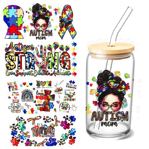 Shiomay 4 Sheets UV DTF Cup Wraps Transfer Stickers for Glass, Cartoon Cup Wraps Decal Stickers for Tumbler Cups (Autism)