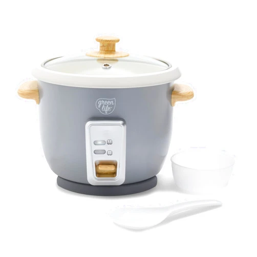GreenLife Electric Rice Cooker Steamer, 3 Cups Uncooked/6 Cooked Rice, PFAS Free Removable Nonstick Pot, Auto Presets, Wood Print Handle, Dishwasher Safe, Measuring Cup, Rice Paddle, Quartz Grey