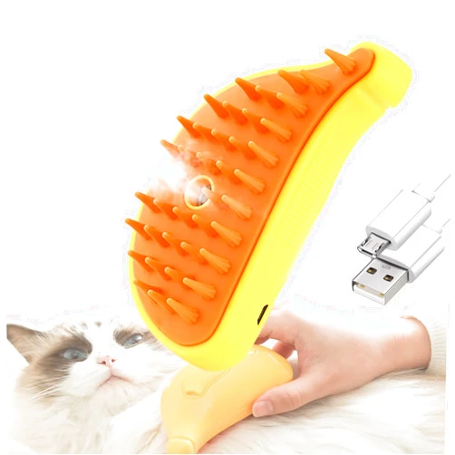 FIPKE Cat Steam Brush for Shedding, 3 in 1 Steamy Grooming Brush, Spray Cat Brush for Long and Short Hair of Cat and Dog, Self-Cleaning Pet Hair Removal Comb. (Banana-Yellow)