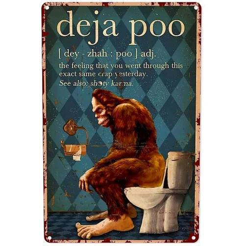 Asbwuo Funny Metal Tin Sign Restroom Deja Poo Bigfoot Metal Sign Vintage Art Tin Classic Poster Home Bathroom Decor Room Decor Bar Garage Coffee Bar Home Wall Decor 8×12 Inch