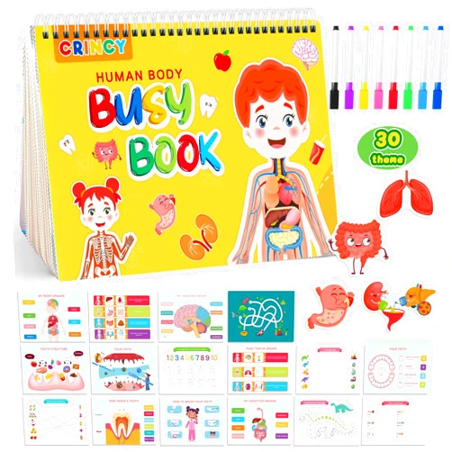 Crincy Montessori Toddler Busy Book for Toddlers 3-5, Preschool Learning Activities, Human Anatomy Busy Book for Kids, Autism Sensory Education Travel Toy Birthday Gifts for Boys and Girls 6 7 8 Years Old.