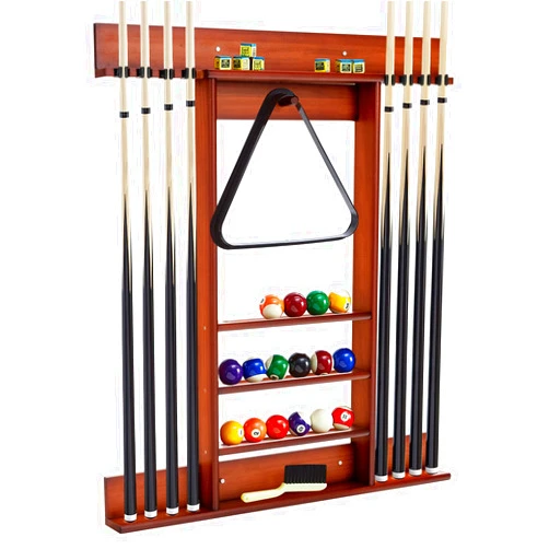 Goplus Pool Cue Rack, Wall Mounted Billiard Stick Holder, Made of Solid Pine Wood, Holds 8 Cues & Full Ball Set & 1 Ball Rack, Compact Billiards Accessories for Billiard Room, Club, Bar (Brown)