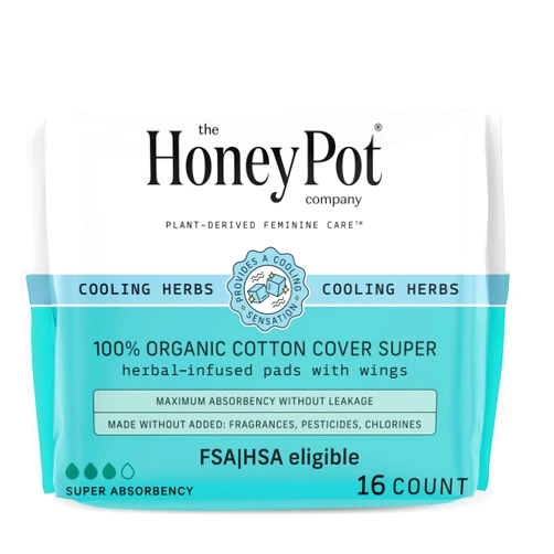 The Honey Pot Company - Herbal Pads for Women - Super Pads w/Wings - Infused w/Essential Oils for Cooling Effect, Organic Cotton Cover, & Ultra-Absorbent Pulp Core - Feminine Care - FSA & HSA - 16 ct