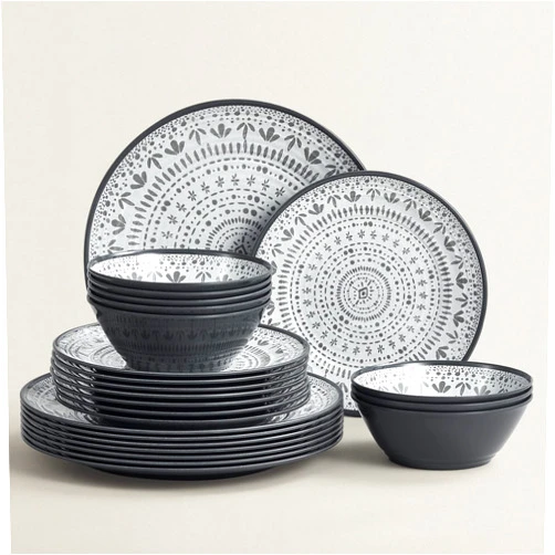 Joviton HOME 24PCS Bohemia Gray Melamine Plastic Dinnerware Sets for 8,Outdoor Plates and Bowls Sets for 8 (Gray)