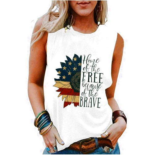 Susongeth Sunflower American Flag Home of The Free Because of The Brave Tank Top Women 4th of July USA Patriotic Tee Shirt