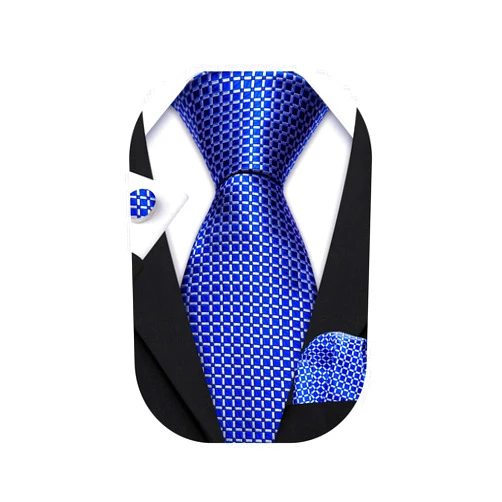 Barry.Wang Designer Classic Ties for Men Set Formal Pocket Square Cufflink Check Plaid