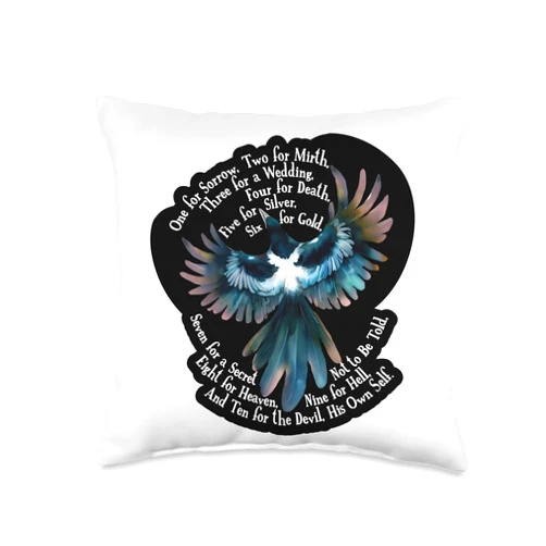 Laughing Coyote Magpie Nursery Rhyme, One for Sorrow Throw Pillow, 16x16, Multicolor
