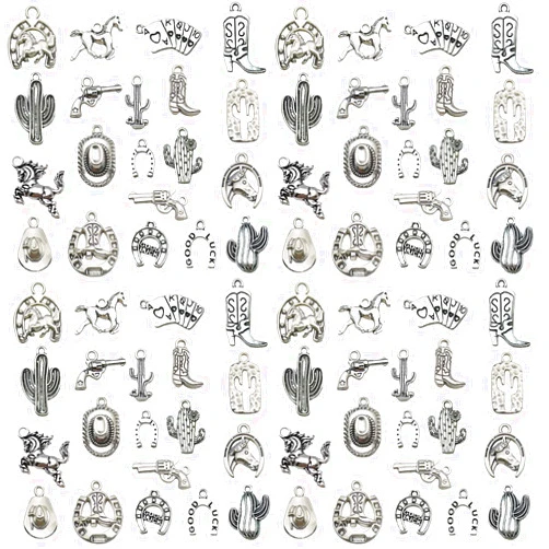 Youdiyla 80pcs Western Cowboy Themed Charms Set - Zinc Alloy 3D Miniature Cowboy Hat, Horse, Boot Shoe Charms for DIY Jewelry Making, Keychain Crafts Accessory Tools -Durable, Versatile, and Perfect for Creative Projects (Antique Silver)