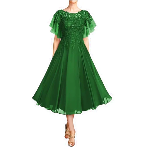 ASDW Tea Length Mother of The Bride Dress for Wedding Guest Scoop Neck Chiffon Mother of Groom Dress A-Line Short Sleeves
