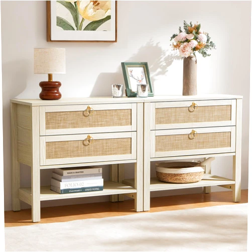 SICOTAS White Night Stand Set of 2, Large Nightstand with Drawers and Storage Shelf - Rattan Boho Bedside Table Narrow Side Table for Bedroom, Small Space