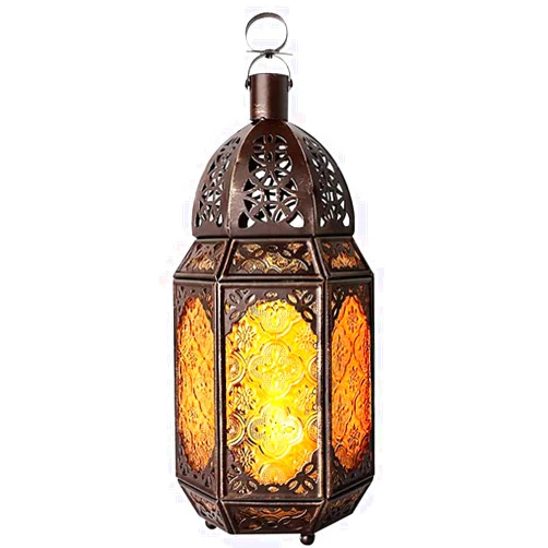Jutaeer Metal Glass Candle Lantern Light Moroccan Chandelier Creative Hollow Wrought Iron Wind Lamp Candlel Decor for Home Patio Balcony Garden - Copper + Yellow, 5.5inchx6.3inchx12.2inch