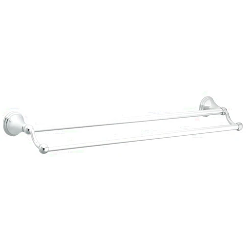 Moen With its simple, low-key design, the Moen Preston 24-Inch Bathroom Double Towel Bar adds a touch of understated style to your bathroom. Two sturdy bars offer ample space for multiple towels, washcloths, and other items. A stamped steel mounting bracket enhances durability, while the included mounting hardware and template make installation easy. The Preston Double Towel Bar features a highly reflective chrome finish for classic style that blends in with any bathroom decor.