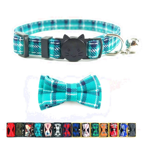 Pipidog Cat Collar Breakaway with Bell and Bow Tie, Plaid Design Adjustable Safety Kitty Kitten Collars(6.8-10.8in) (Cyan-Blue)