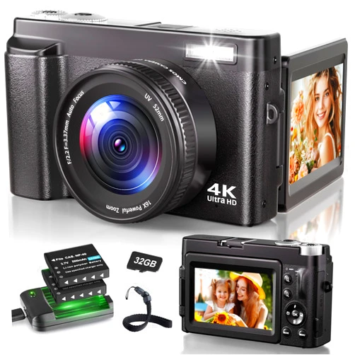 XNSIAKXA 4K Digital Camera for Photography, 48MP Autofocus Vlogging Camera for YouTube with 3'' 180°Flip Screen, 16X Digital Zoom Anti-Shake Compact Travel Camera with SD Card, 2 Batteries & Charging Stand
